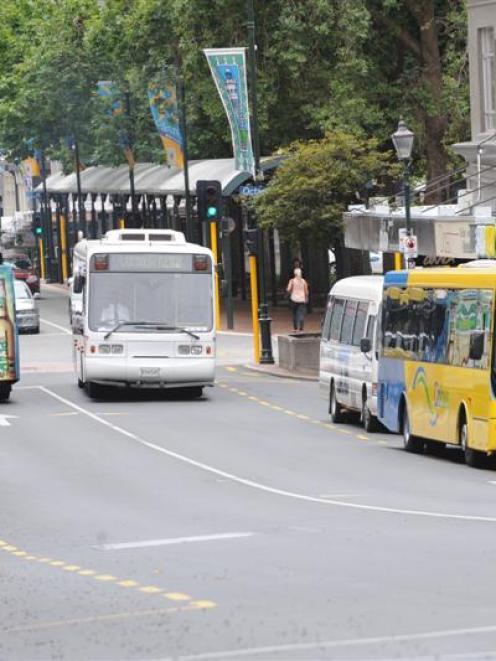 Buses on Princes St, Dunedin. Photo by Stephen Jaquiery.