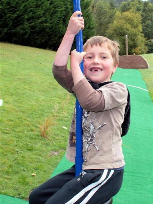 Caleb Mockford (9) is one of the first to try out the new 60m-long flying fox at Bradford School...