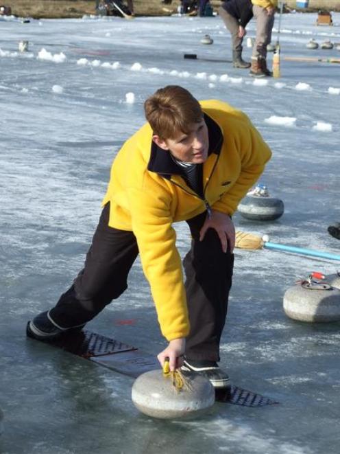 Cambrian curler Sue Ingram eyes up the options on the Idaburn Dam yesterday during the Wilson Cup...