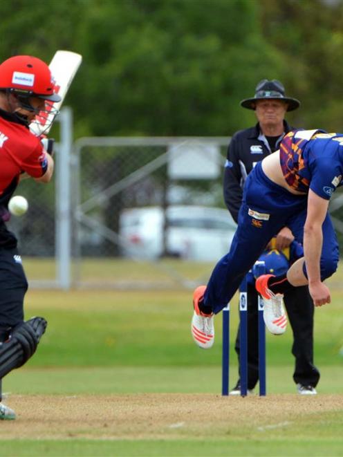 Canterbury batsman Logan van Beek is beaten by a delivery from Otago speedster Warren Barnes in...