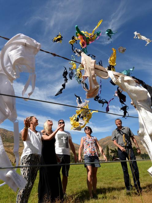 Cardrona's bra fence last year. Fence founder John Lee is at right. Photo from the ODT files.