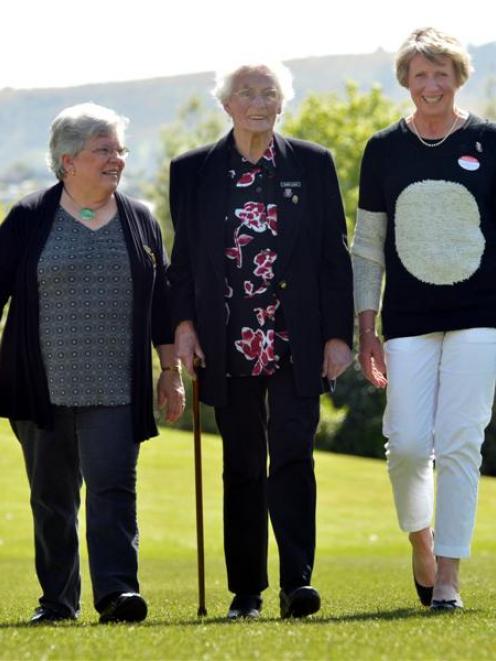 Catching up at Marching Otago's 70th anniversary reunion are (from left) committee member Jan...