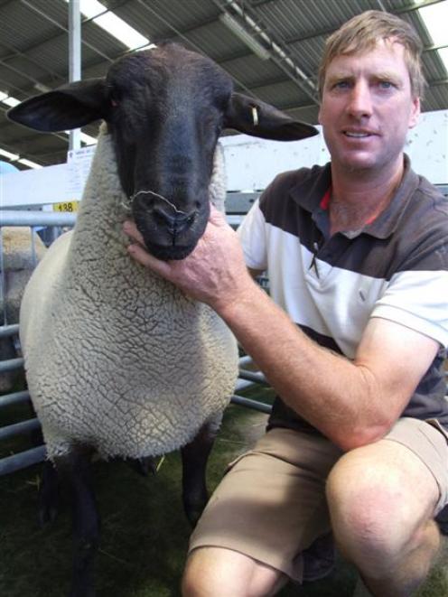 Cave farmer Chris Hampton holds one of his entries in the Canterbury stud ram fair. Photo by...