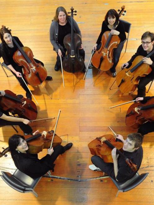 Cellists of Otago (clockwise from bottom left): Heleen Du Plessis (concert leader), Myles Chen,...