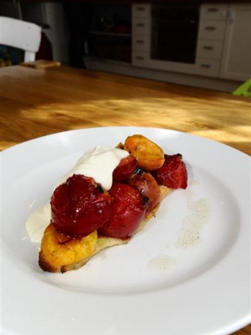 Central Otago fruits, baked on sourdough bread and served with crème fraiche. Photo by Gregor...
