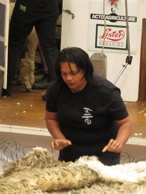 Central Otago wool handler Taiwha Nelson in action at the New Zealand Corriedale wool-handling...