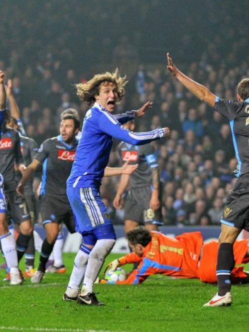 Chelsea players appeal for a penalty against Napoli during their Champions League match at...