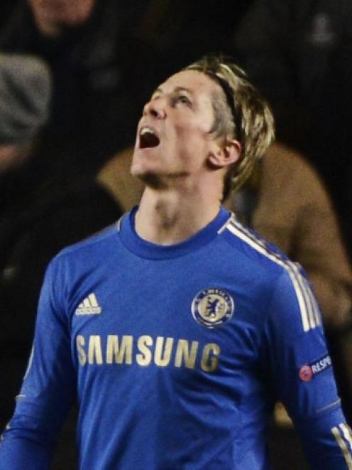 Chelsea's Fernando Torres reacts during their Champions League match against FC Nordsjaelland at...