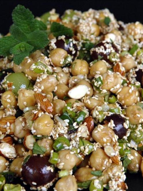Chickpea and grape salad with pomegranate molasses. Photo by Linda Robertson.