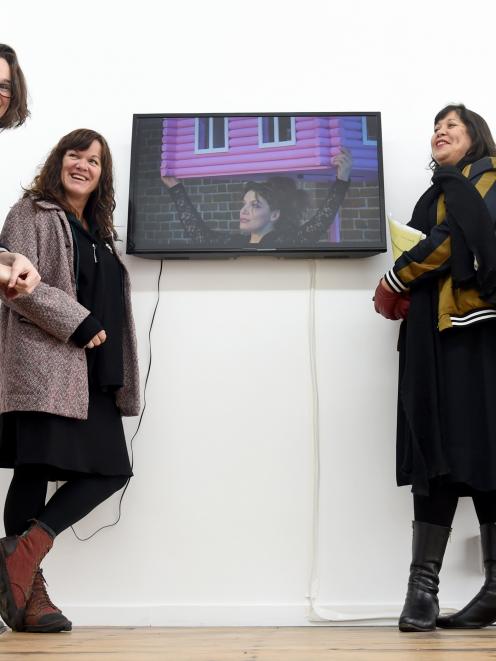 Chloe Geoghegan (left), Iona Winter,  Megan Tamati-Quennell and Tania Bell with the video work '...