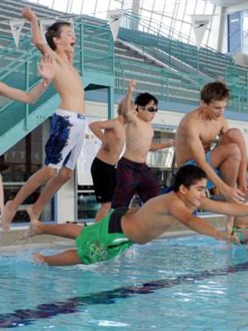 Vienna Boys Choir members get up to hijinks  at Moana Pool yesterday. Photo by Craig Baxter.