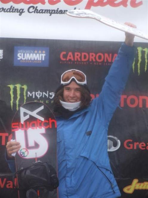 Christian Haller, of Switzerland, celebrates after winning the New Zealand Burton Open slopestyle...