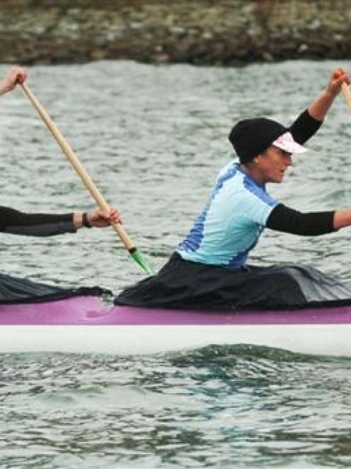 Claire Sykes (left) and Karen Skilton compete in the masters open women's 10km doubles race on...