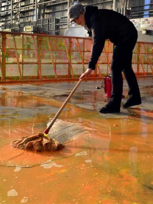 Cleaner Karen McCreath mops paint from the floor of Forsyth Barr Stadium yesterday, following the...