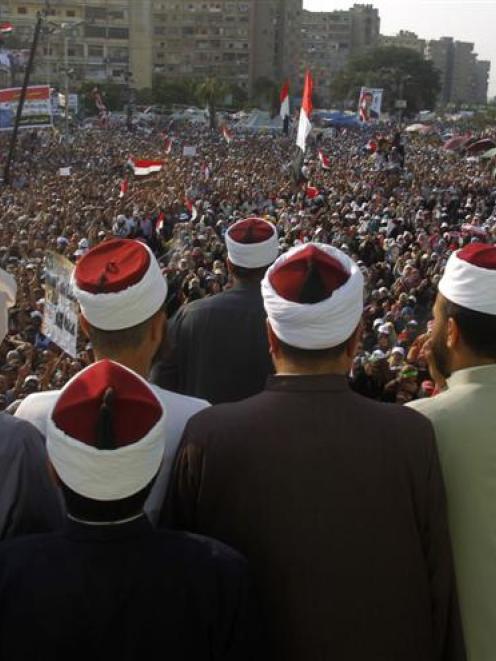 Clerics supporting deposed Egyptian president Mohamed Morsi attend a rally in the Raba El-Adwyia...