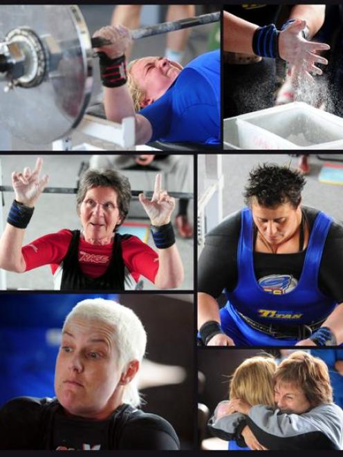 Clockwise from left: Becky Soffe (Otago) lifts a New Zealand record, chalk on hands, Taari Murray...