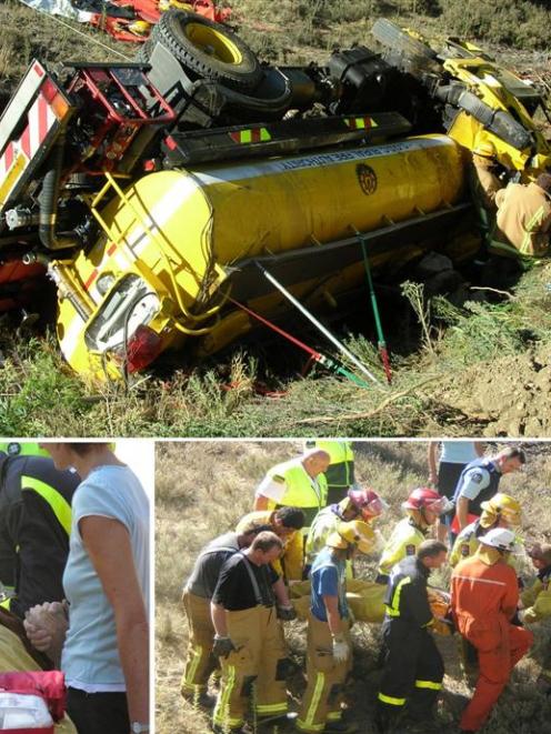 Clockwise, from top, emergency services work to secure the tanker which rolled into a gully near...
