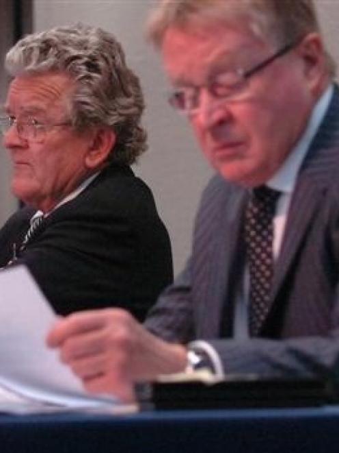 Commissioners Roger Tasker and John Lumsden, during the stadium plan change hearings at the...
