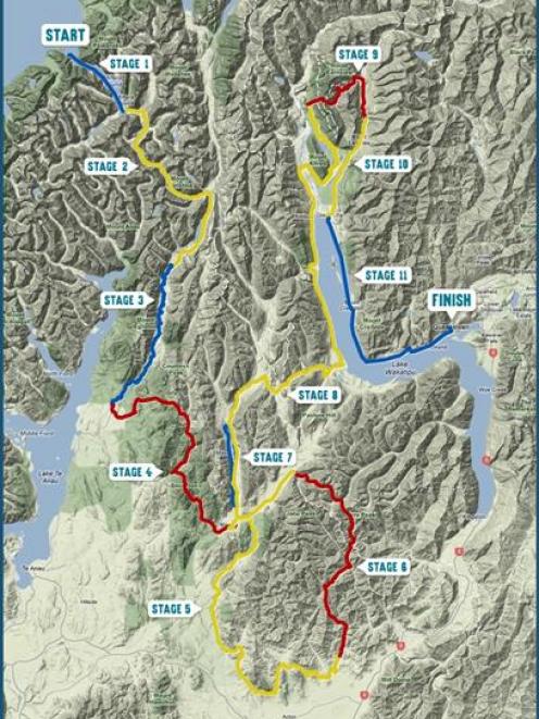 Competitors  will tackle 126km of trekking (red lines), 279km of mountain biking (yellow lines)...