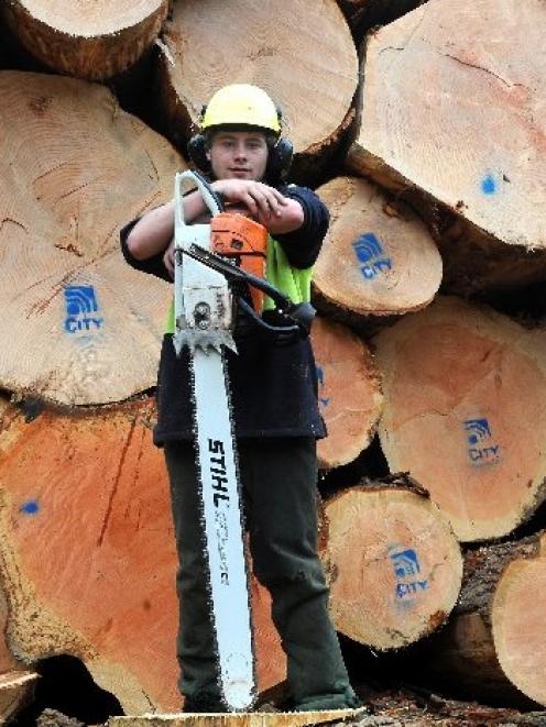 Contractor Rhiane Dunn (17), of Dennis Hayes Logging, rests with a chainsaw (blade: 91cm). Photo...