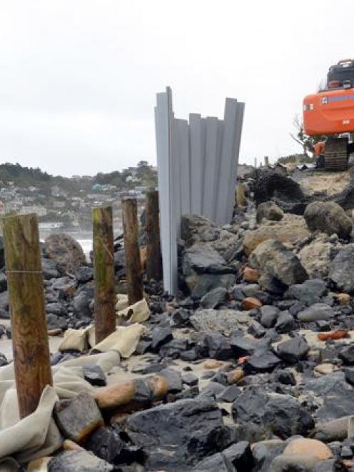 Contractors fit plastic sheet piling to St Clair's storm damaged temporary boat ramp yesterday....