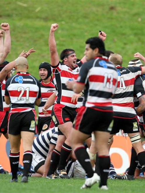 Counties Manukau's players celebrate their win against Auckland in Pukekohe. Photo by NZPA.