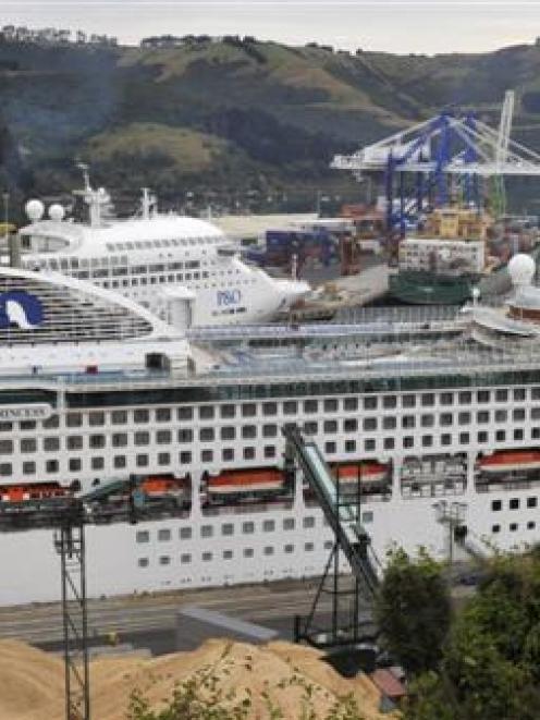 Cruise ships Dawn Princess (front) and Pacific Dawn (rear)  in Port Chalmers. Photo by Gerard O...