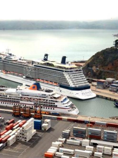 Cruise ships Europa (front) and Celebrity Solstice at Port Chalmers last December. Photo by Peter...