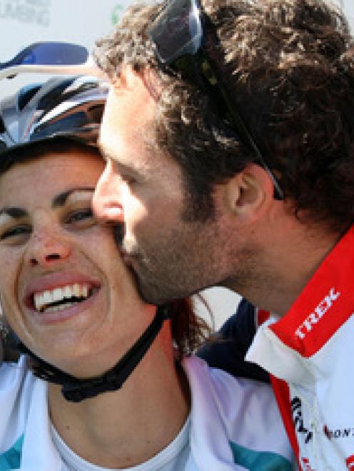 West Coast North Island's Catherine Cheatley is congratulated by her husband Dayle after winning...