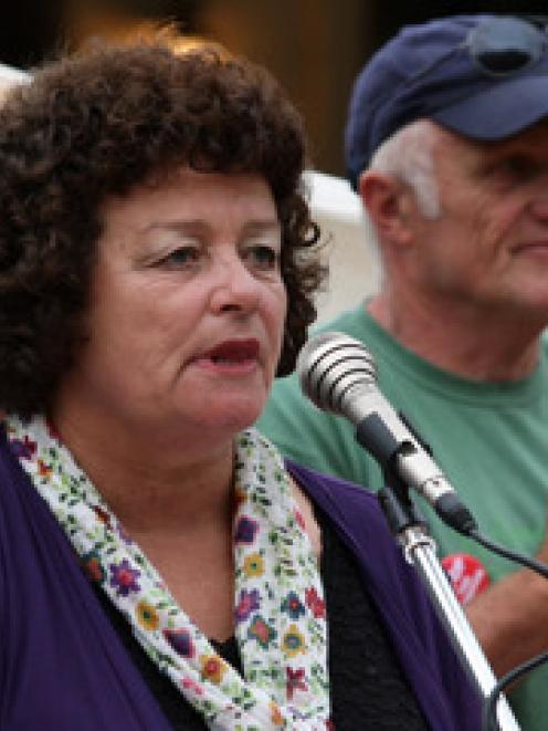 President of Stop the Stadium Bev Butler protests in the Octagon at the stadium protest march,...