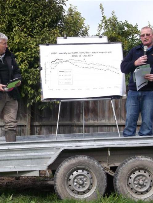 DairyNZ developer Steve Lee (left) watches while Lincoln University Dairy Farm manager Peter...