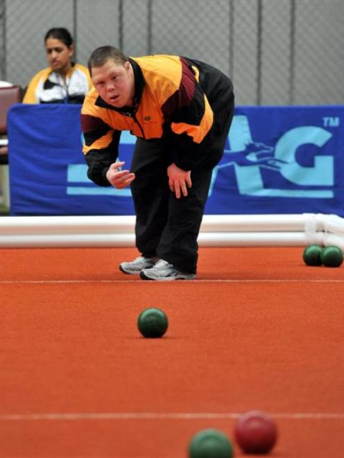 Dan Joyce attacks the jack in the bocce competition at the Edgar Centre. Photo by Gregor Richardson.