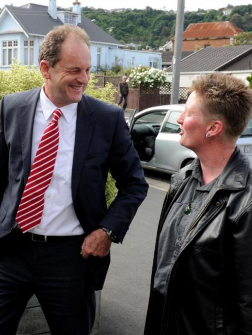 David Shearer is welcomed to the leadership meeting by Dunedin North Labour Party member Barb...