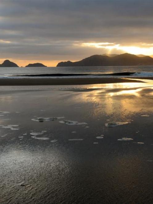 Dawn on Codfish Island beach with the Ruggedy Mountains of Stewart Island in the distance. Photos...