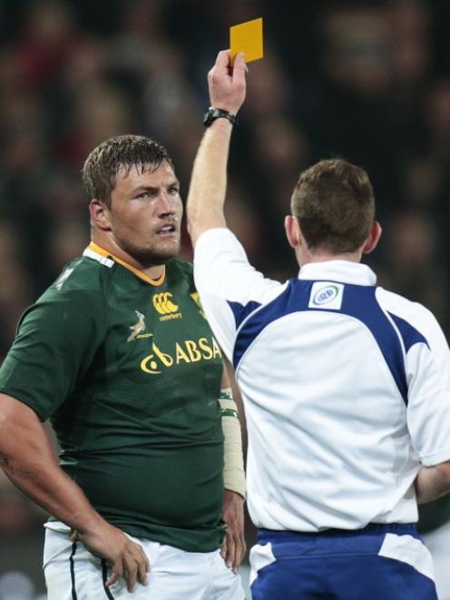 Dean Greyling of South Africa's Springboks is given a yellow card during the team's Rugby...