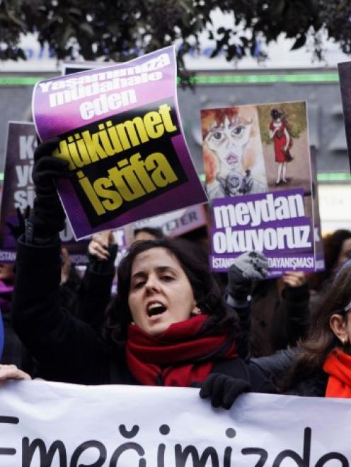 Demonstrators call for the resignation of Prime Minister Tayyip Erdogan at a rally in Istanbul....