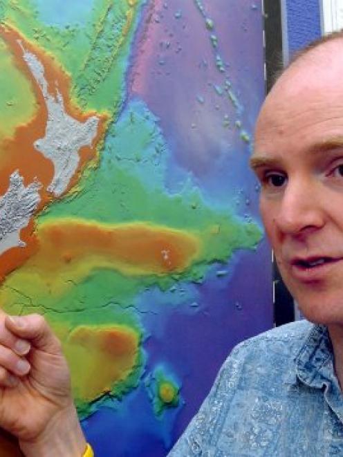Dr Andrew Gorman indicates the Alpine Fault. Photo: ODT files.