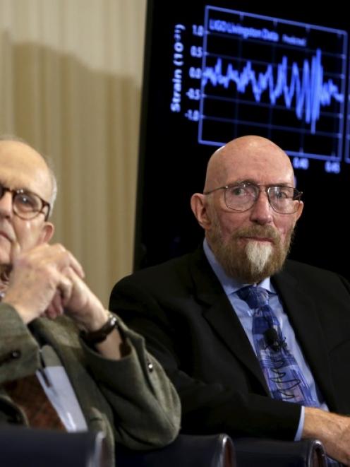 Dr Rainer Weiss, emeritus professor of physics at MIT, (L) and Dr Kip Thorne of Caltech (R)...