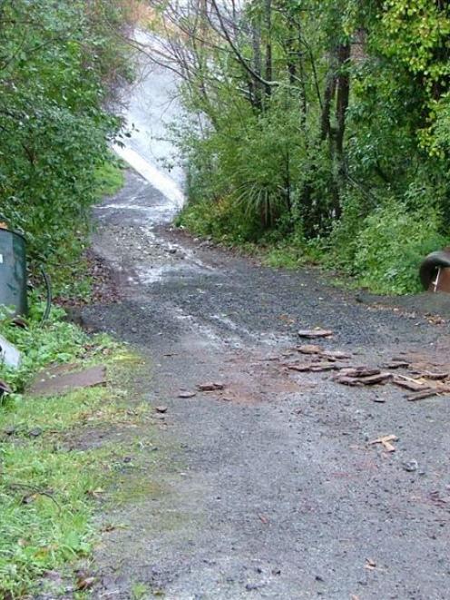Drums, tyres and other rubbish dumped either side of the shared right-of-way driveway. Photo by...