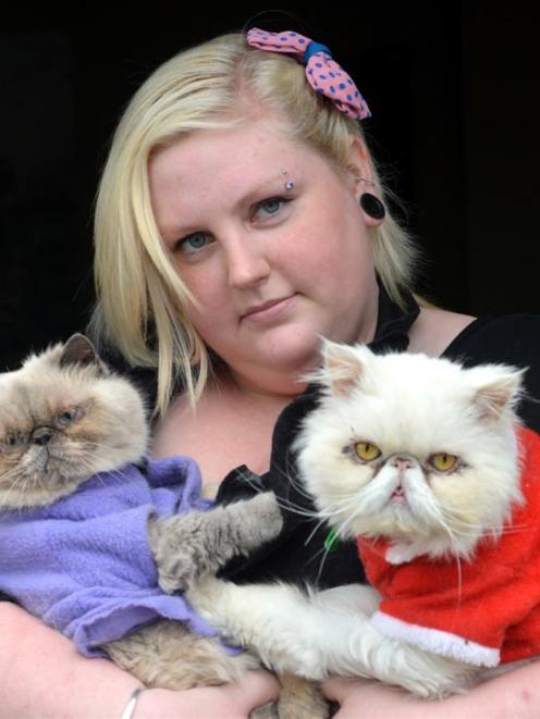 Dunedin Cat Rescue director Sarah Davey cuddles her rescued cats Mushroom (left) and Gumbo ...