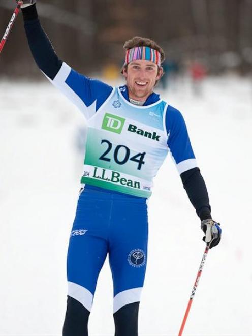 Dunedin cross-country skier Ben Koons celebrates as he crosses the finish line to win a 10km...