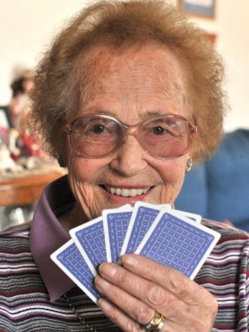 Dunedin euchre player Marion Finkle (91) prepares for the Masters Games. Photo by Linda Robertson.