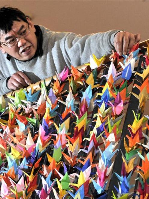 Dunedin Public Art Gallery technician Russell Soo examines the 1000 origami cranes. Photo by...