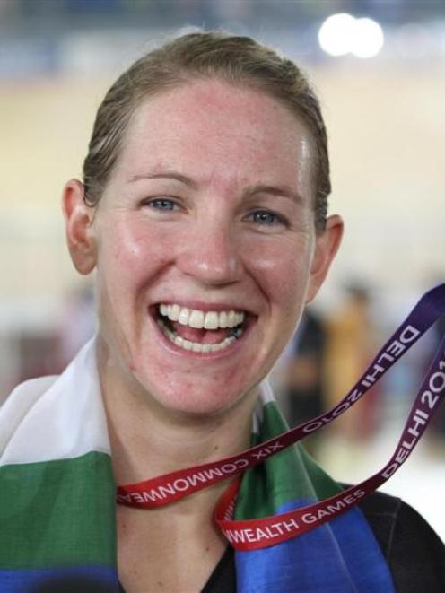 Dunedin track cyclist Alison Shanks celebrates breaking New Zealand's gold medal drought at the...