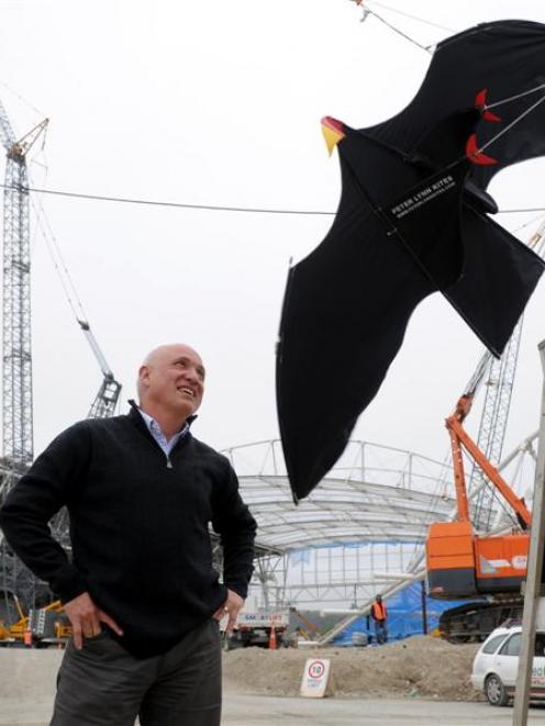 Dunedin Venues Management Ltd chief executive David Davies inspects an Adams Flags "Sky Crow" -...