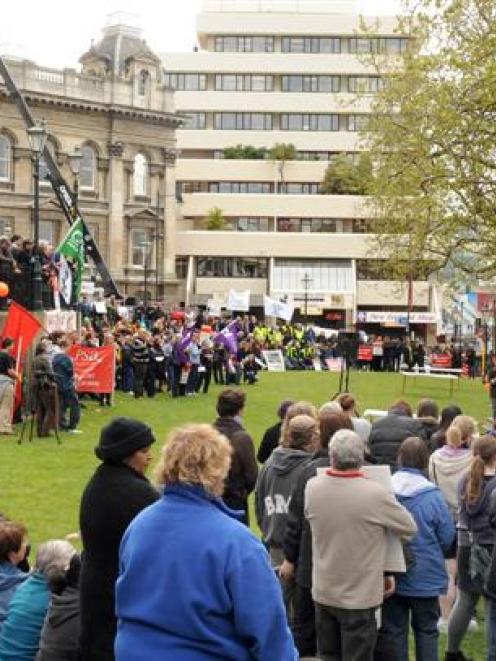 Dunedin workers and supporters gather in central Dunedin yesterday to protest against planned...