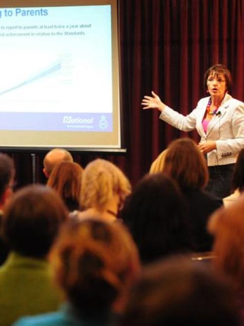 Education Minister Anne Tolley addresses a public meeting last night on National Standards. Photo...