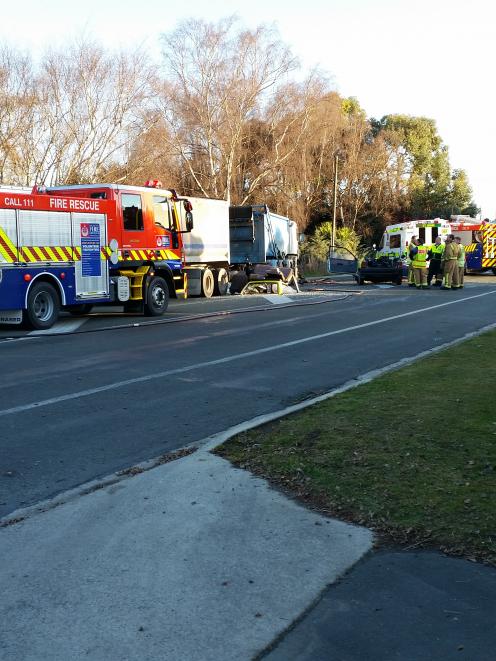 Emergency crews at the scene of the fatal crash just south of Oamaru. Photo by David Bruce.