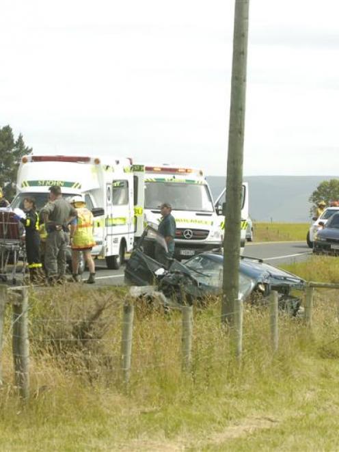 Emergency services at the scene of yesterday's crash. Photo by Jane Dawber