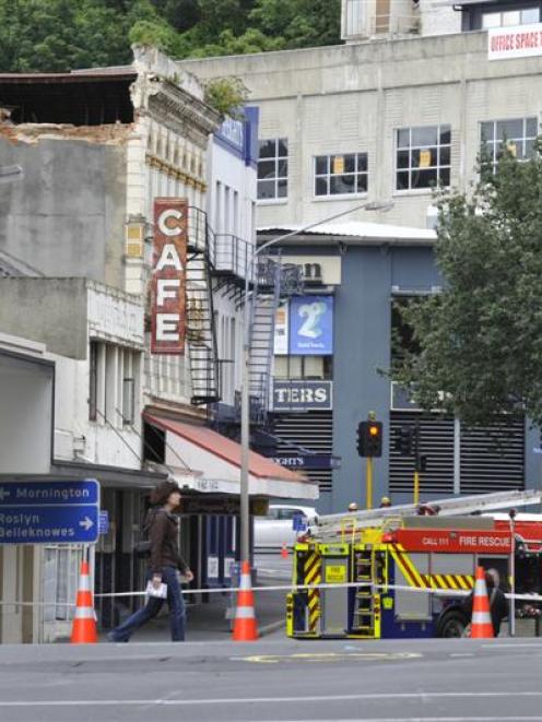 Emergency services gather at the scene of a building collapse in Rattray St, Dunedin. Photo by...
